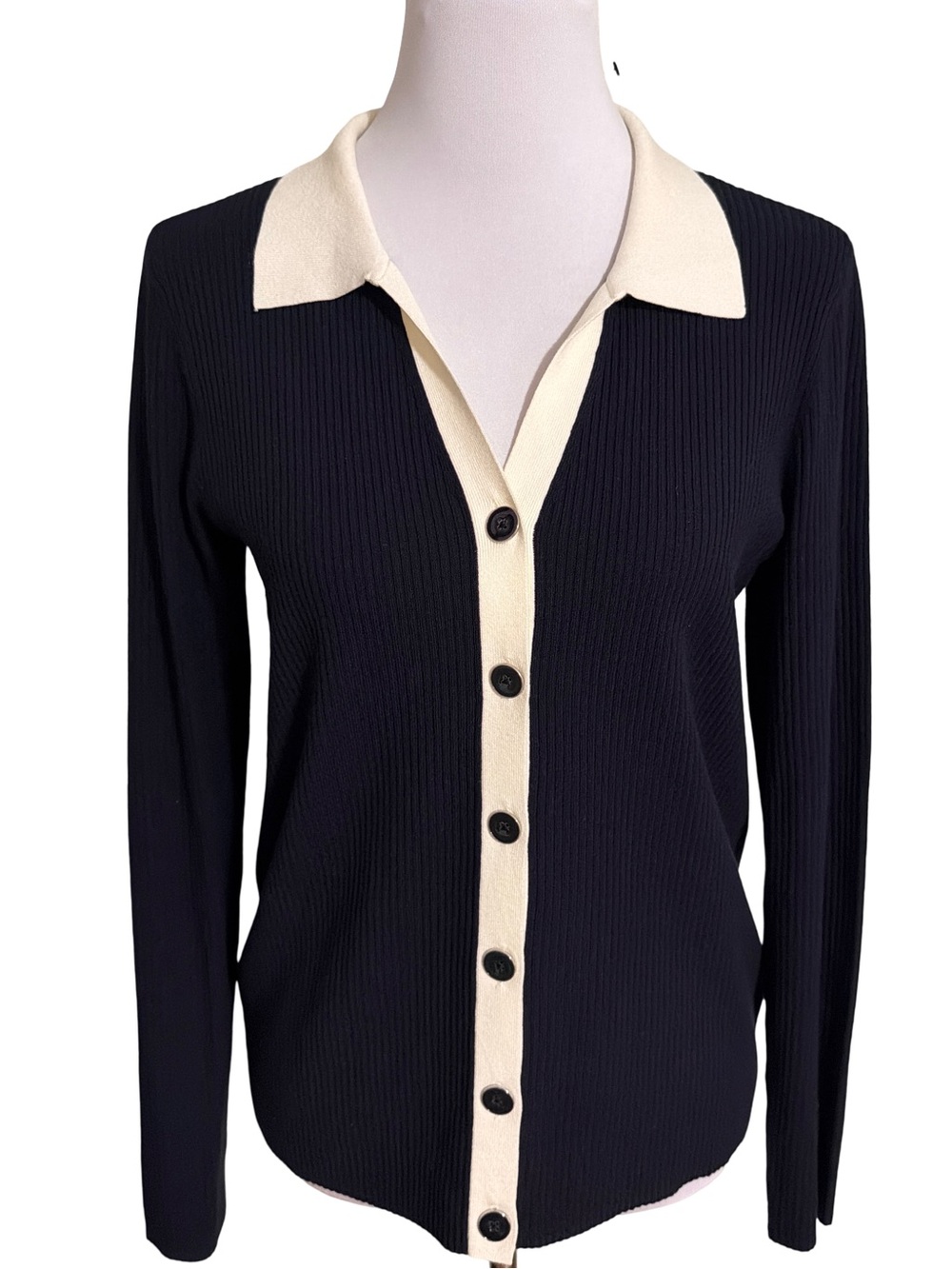 Talbots Navy Ribbed Button Cardigan Cream Trim